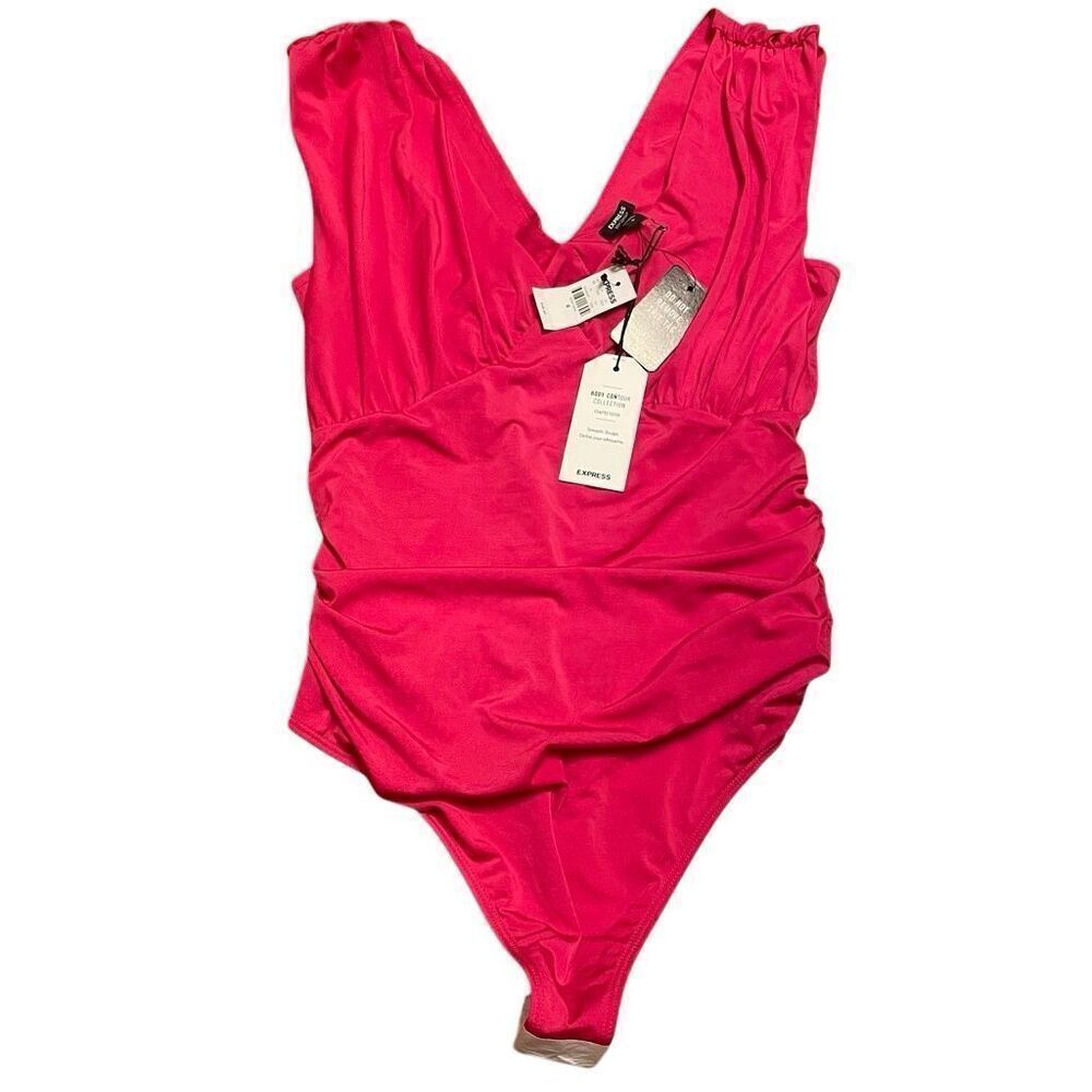 Express Body Contour Womens Bodysuit M Fuschia V-Neck Ruched Thong Smooth Sculpt